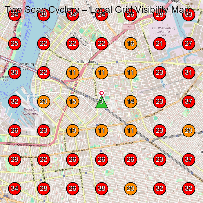 Two Seas Cyclery GeoGrid visibility map for Bicycle Store in Brooklyn